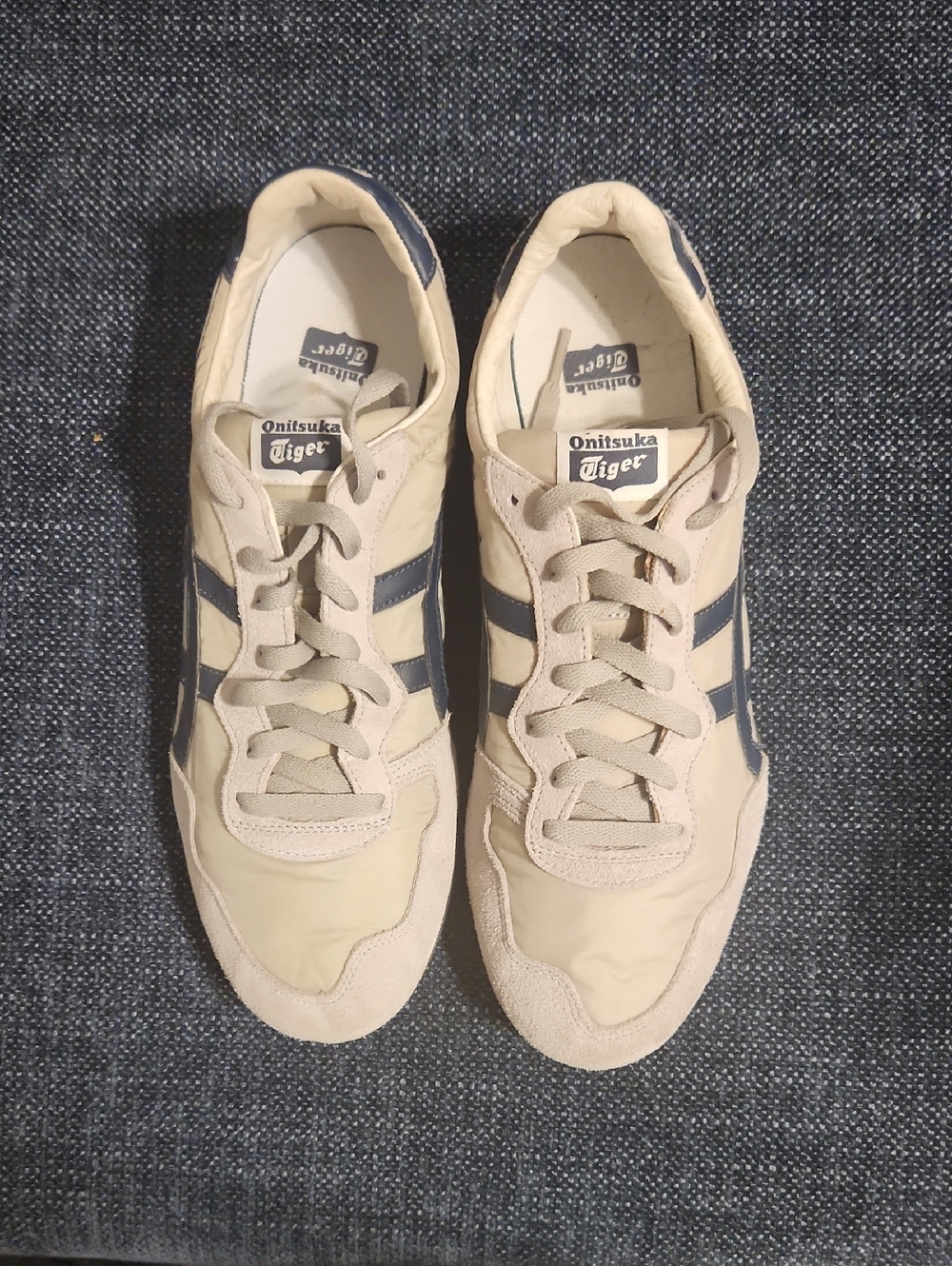 Onitsuka Tiger Beige Sneakers with Navy Stripes